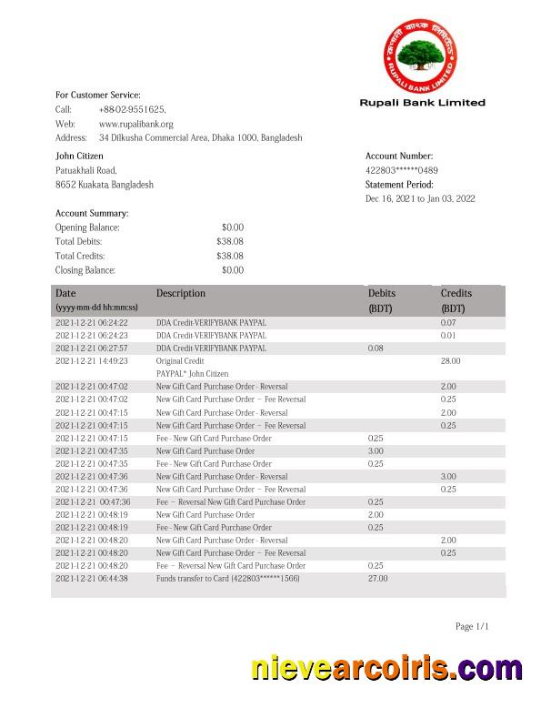 Bangladesh Rupali Bank statement in Word and PDF format